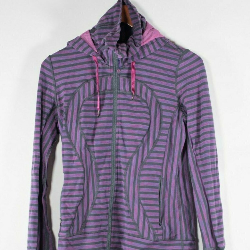 Lululemon Womens Size 6 Small Purple Gray Stride Jacket Striped Hooded Slim Fit